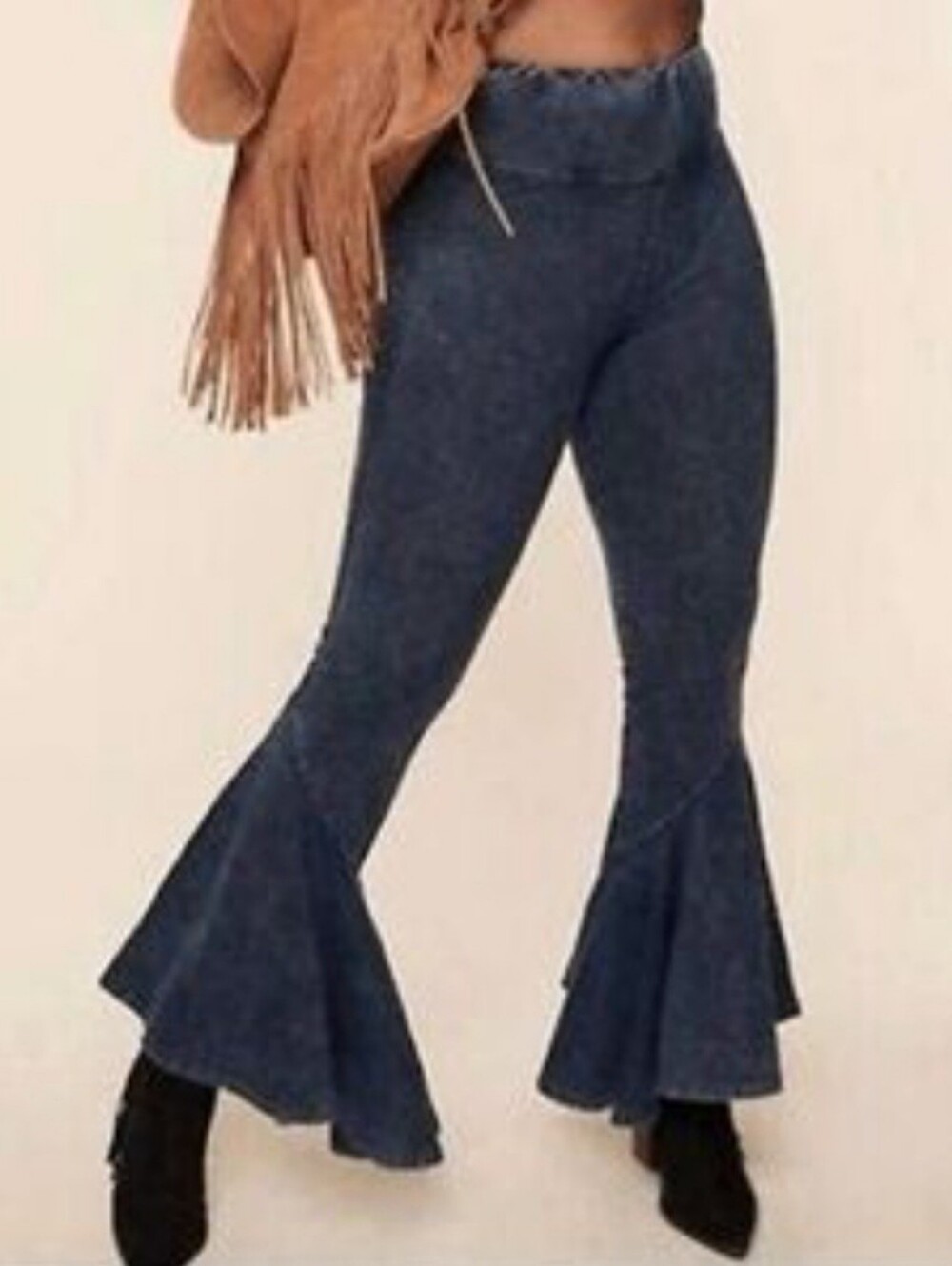 EARTHBOUND Dark Denim Flared Ruffle Hem Pants